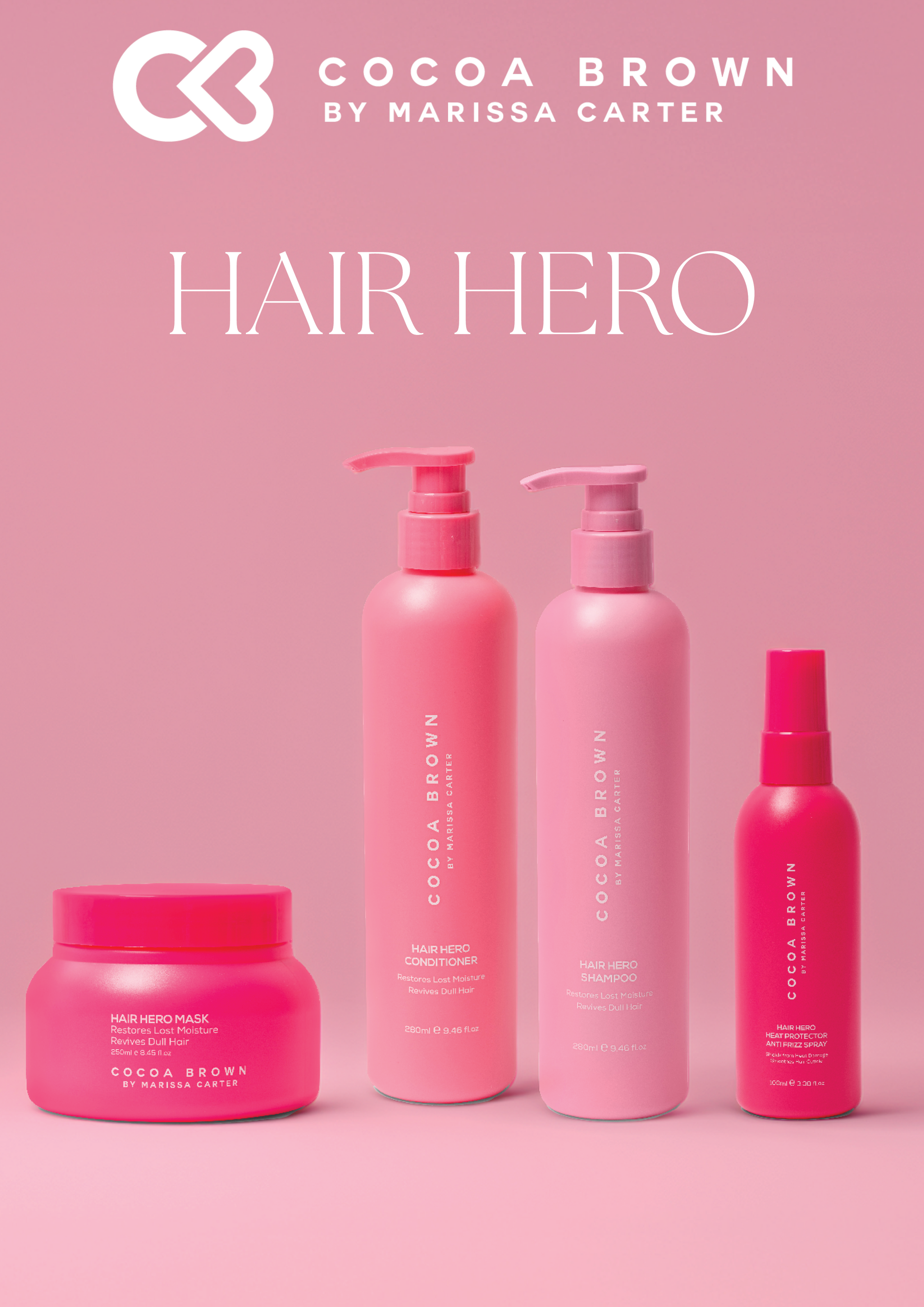 Cocoa Brown by Marissa Carter HAIR HERO Shampoo, HAIR HERO Conditioner, HAIR HERO Mask, HAIR HERO Heat Protector Anti Frizz Spray bundle 